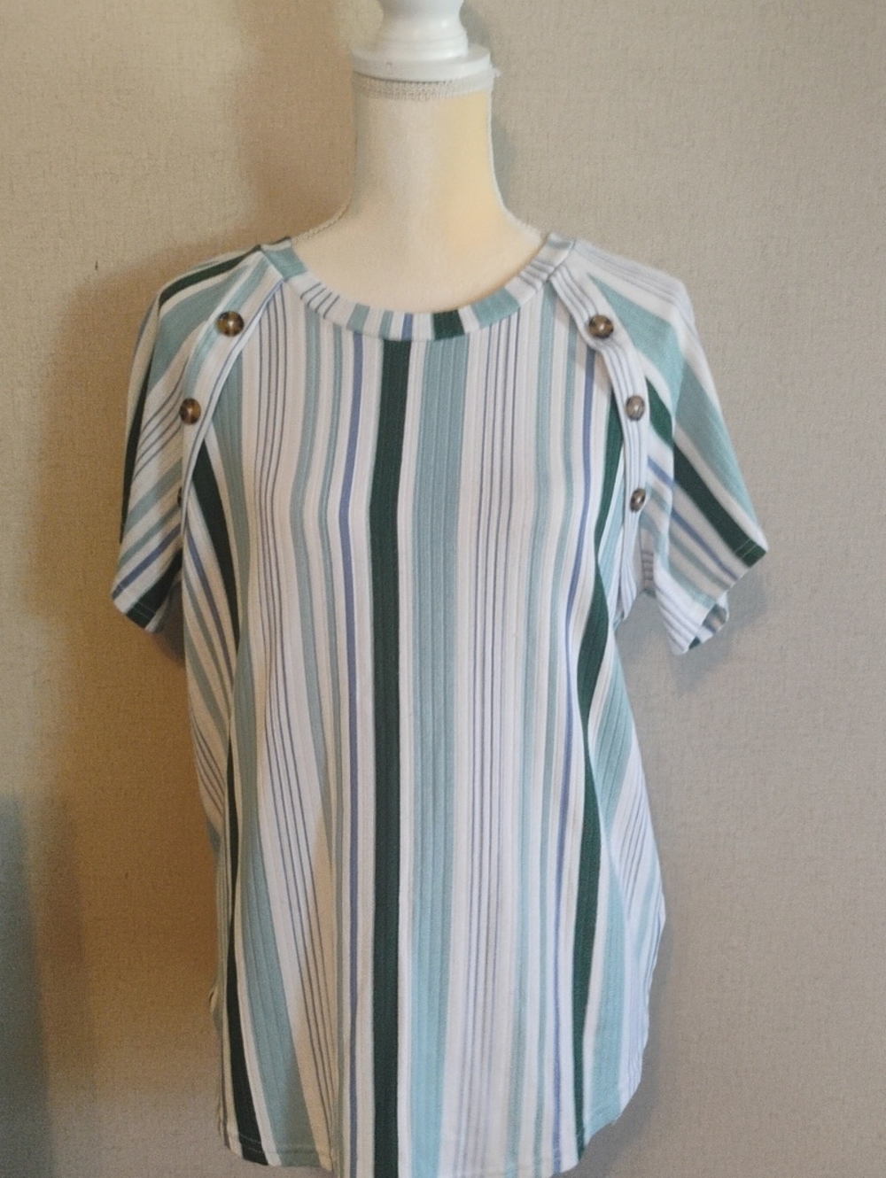 5/$20 Large Anneliese Button-Shoulder Women Striped  Top in White & Teal